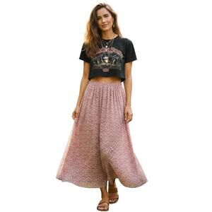 Lush Pink Ditsy Floral Pleated Pull On Midi Skirt Large Boho Cottagecore Spring
